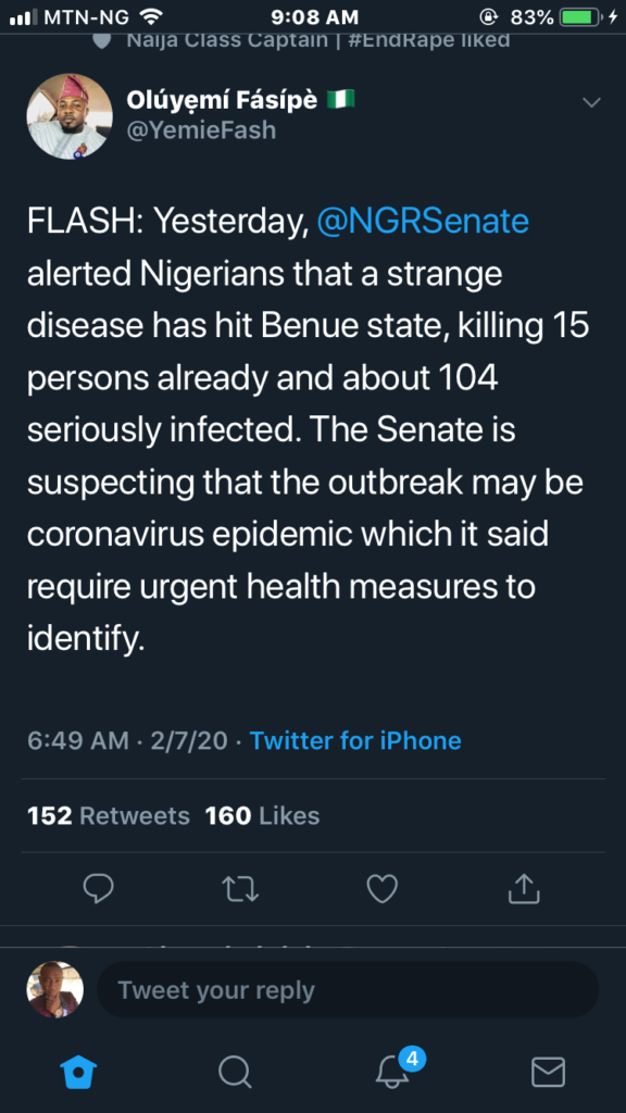 Corona Virus In Nigeria

Tweet About Corona Virus In Nigeria.