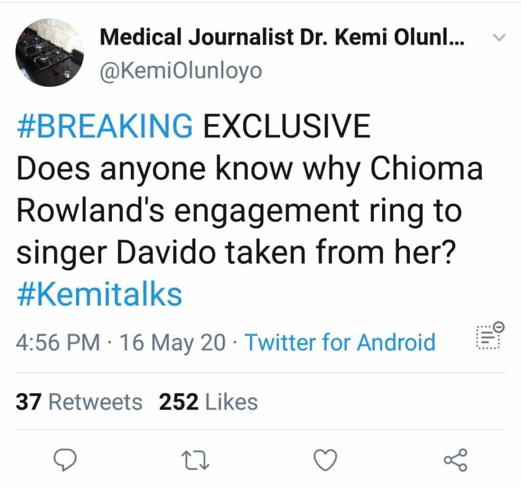 Kemi Olunloyo Asks About Davido'S Engagement Ring To Chioma