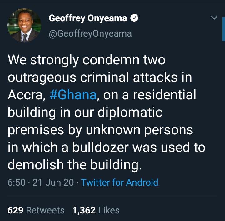 Minister Of Foreign Affairs, Geoffrey Onyema`s Tweet