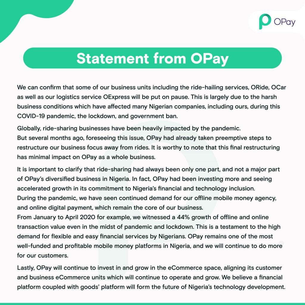 Opay Suspends Logistic Services