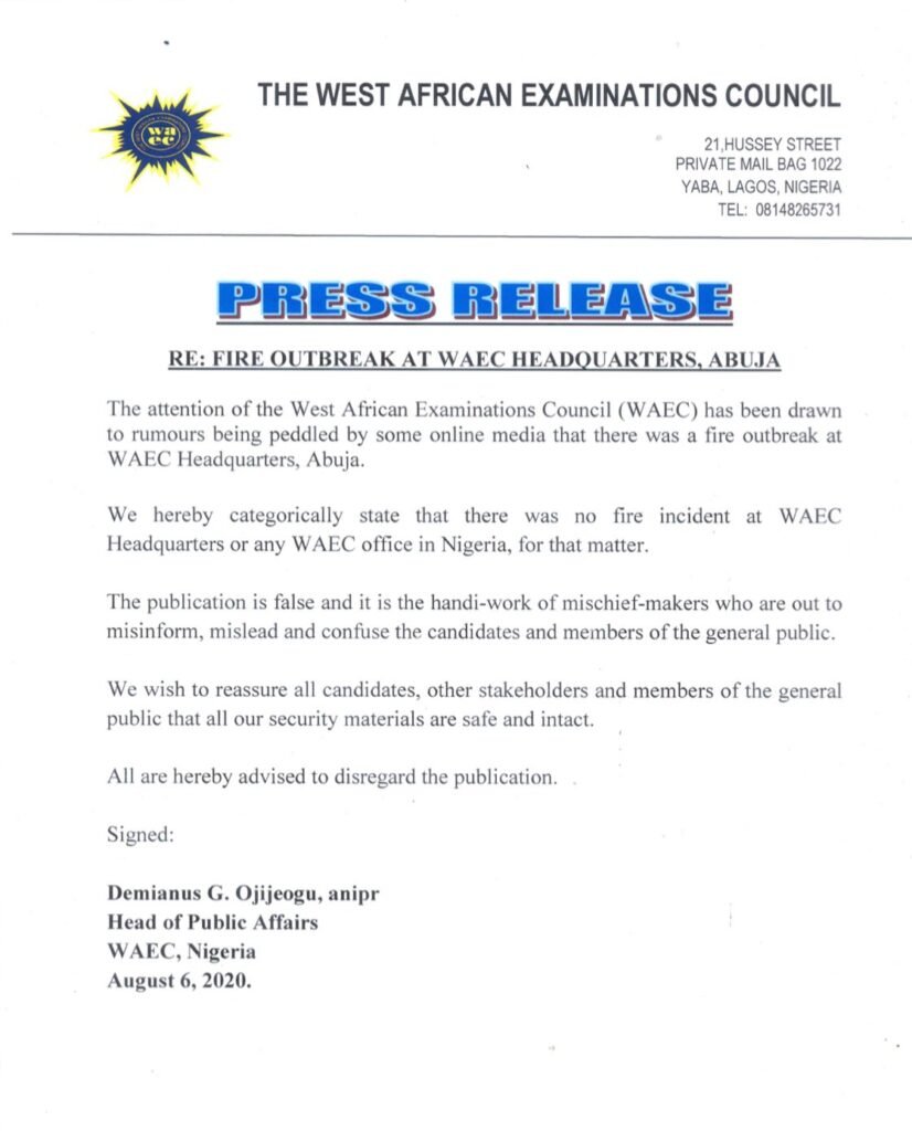 Waec Clears Air Over Reported Fire Outbreak At Abuja Office
