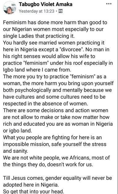 Nigerian Lady Talks About Dangers Involved In Feminism