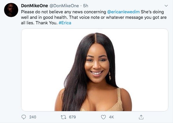 Bbnaija 2020: Erica'S Manager Cries Out After Fake New Spread About Her