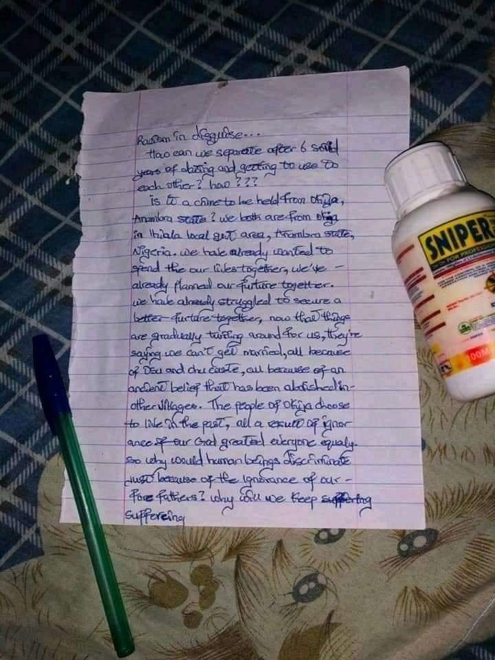 Young Lovers Commit Suicide In Anambra, Leaves Note (See Copy)