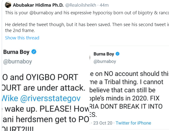 Tweet Calling Out Burna Boy