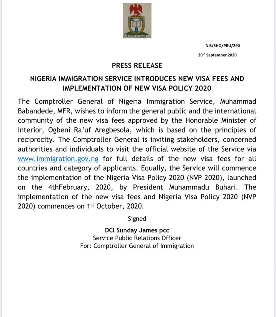 Nigeria Immigration Service Introduces New Visa Fees