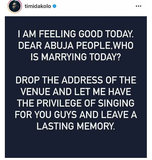 Timi Dakolo Crashes 8 Weddings, Performs For Free(Pictures)