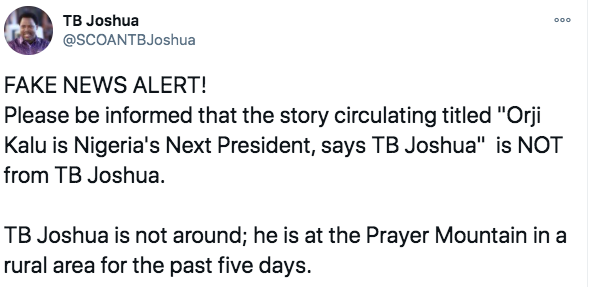 Tb Joshua Denied Prophecy About 2023 Presidency.