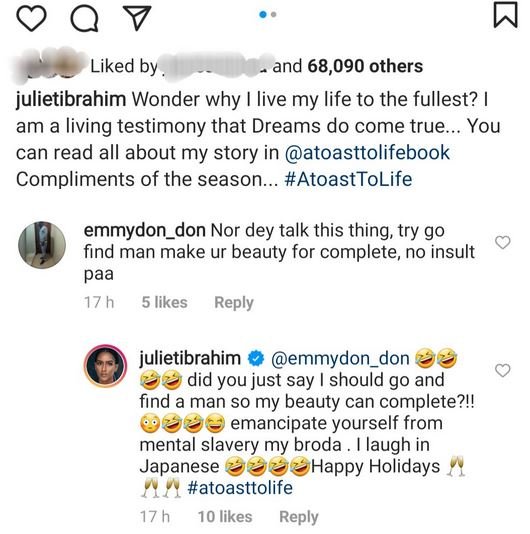 Juliet Ibrahim Replies Follower