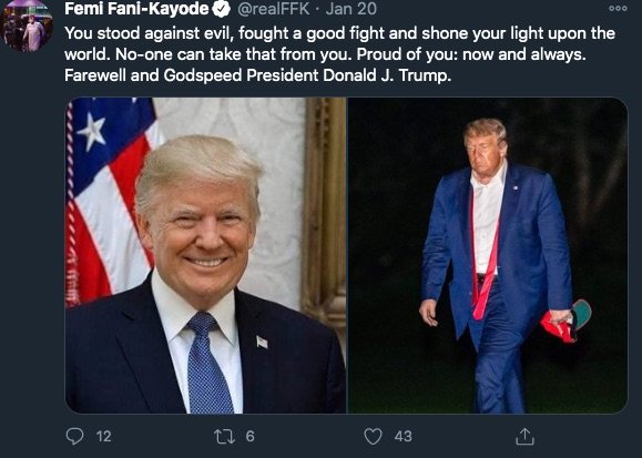 Femi Fani-Kayode Bids Donald Trump Farewell, Dragged By Tiwa Savage'S Ex