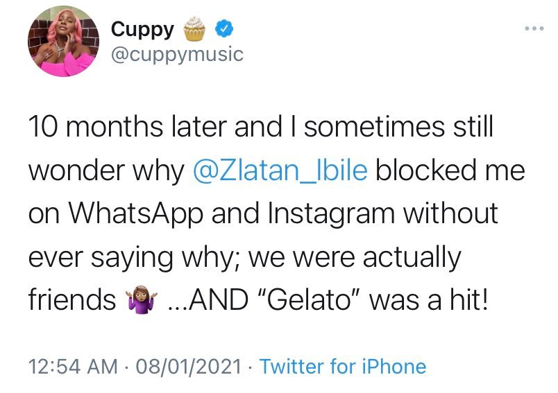 Cuppy Says She Was Blocked By Zlatan 