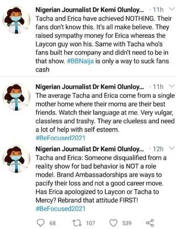 Kemi Olunloyo Drags Erica And Tacha