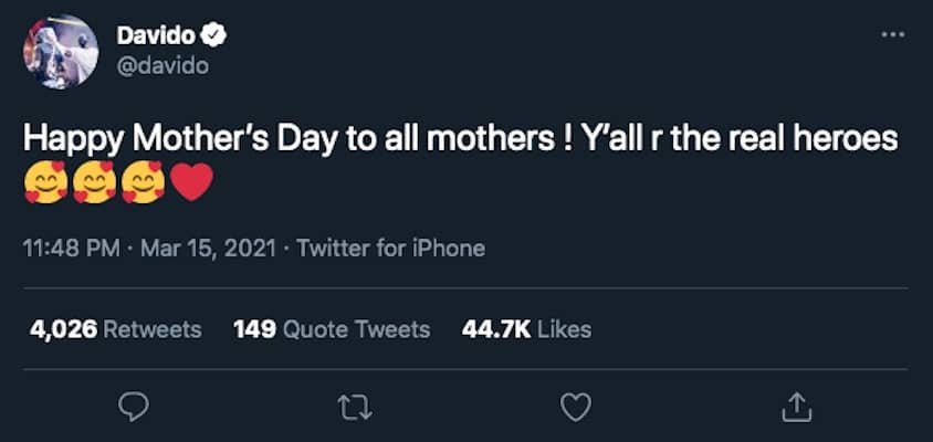 Davido'S Late Mother'S Day Post