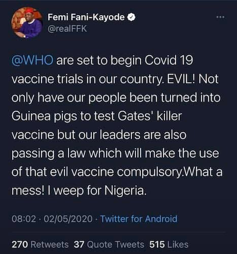 Fani Kayode Retracts Statement On Covid-19 Vaccines