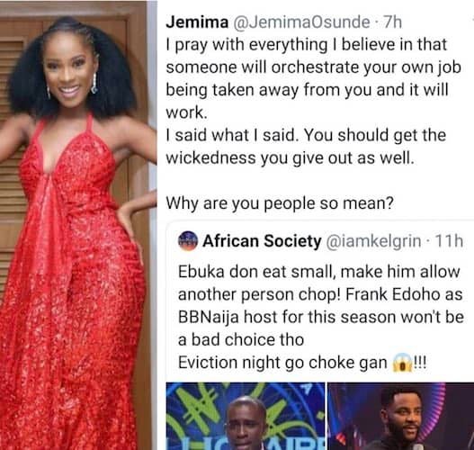 Jemima Osunde Rained Curses On Twitter User In Defence Of Ebuka