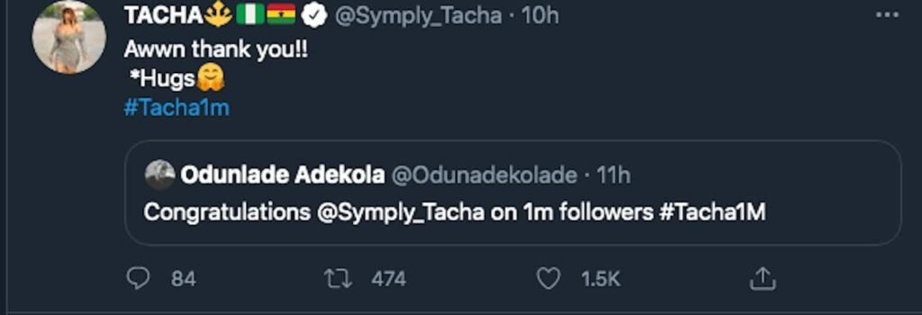 Odunlade Adekola Congratulates Tacha On Reaching 1 Million Followers On Twitter