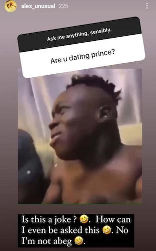 Bbnaija: Alex Reacts To Rumours Of Snatching Prince From Dorathy
