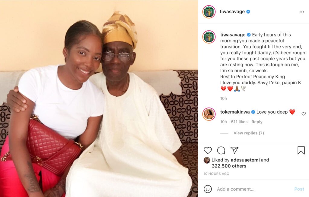 Singer, Tiwa Savage Pays Tribute To Her Father