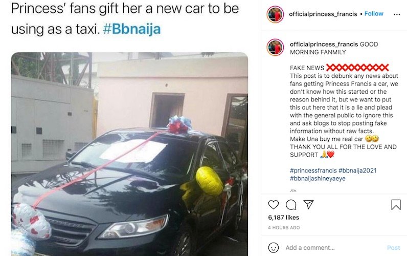 Bbnaija Update 2021: Princess Debunks Car Gift Rumour