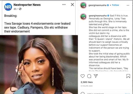 Tiwa Savage Allegedly Loses Endorsements Over Tape Scandal, Actress Georgina Onuoha Reacts