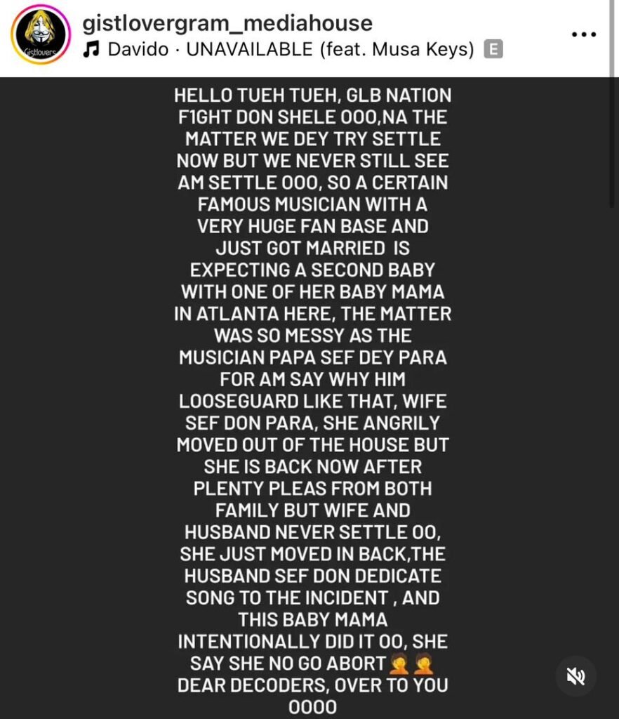 Gistlover-Post-Allegely-About-Davido-And-Chioma