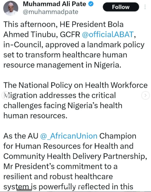 President Tinubu Approves Policy To Curb Healthcare Worker Migration