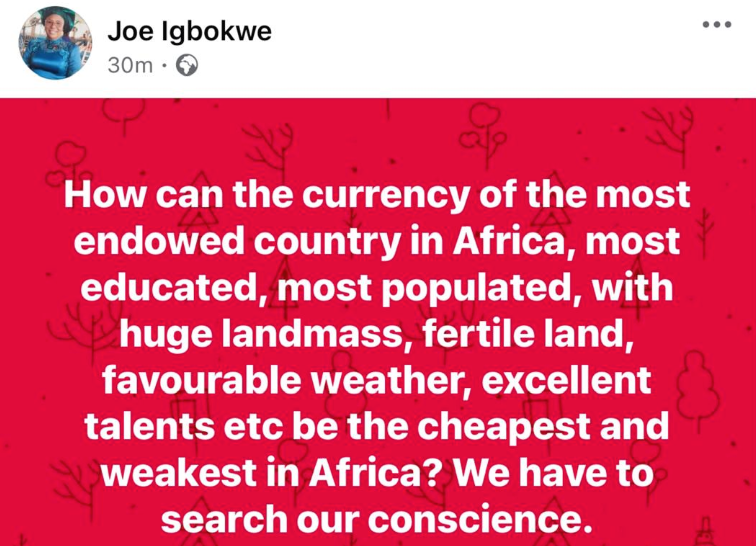 Apc Chieftain Joe Igbokwe Voices Concern Over Naira’s Weakness As Report Emerges