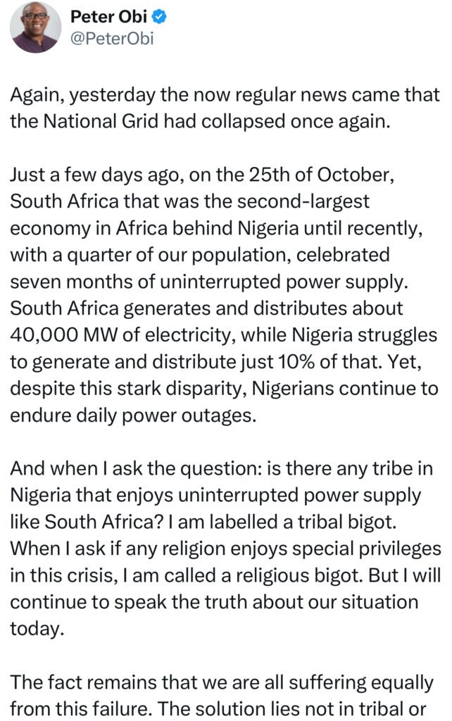 “The Fact Remains That We Are All Suffering Equally From This Failure - Peter Obi